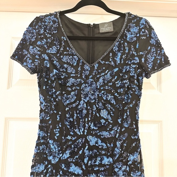 ADRIANNA PAPELL BLUE SEQUIN BEADED MESH SHORT MINI COCKTAIL DRESS 4 - Picture 6 of 10